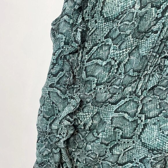 1. State Sleeveless Snake Print Ruched Ruffle Mini Dress Blue 12 Keyhole Back - Picture 3 of 11